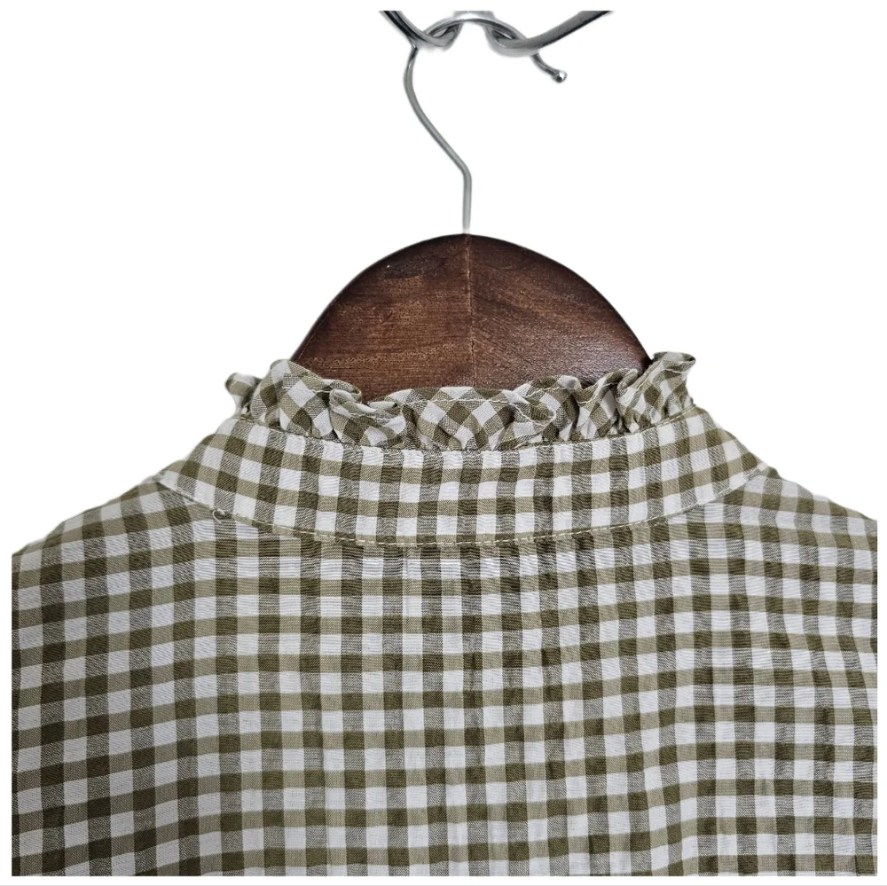 Veronica Beard Gingham Green and White Ruffle Button Shirt XS